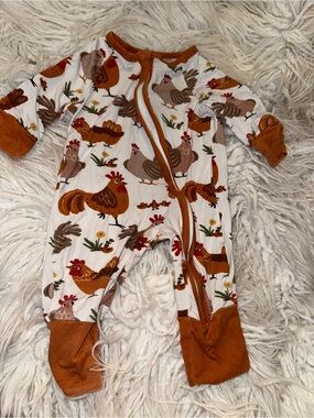 Cozy Chicken-Print Footed One-Piece in Rust Trim